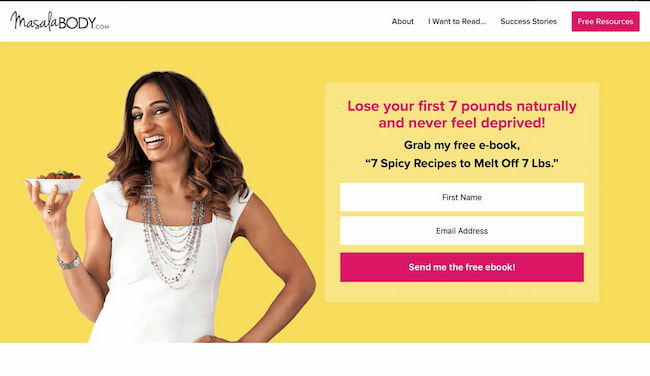 Exemple de landing page de Masala Body offrant un aimant à prospects - un livre électronique gratuit avec des recettes.
